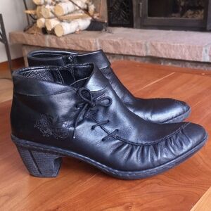 Rieker Black Leather Ankle Boots with Low Block Heel and Lace Detail